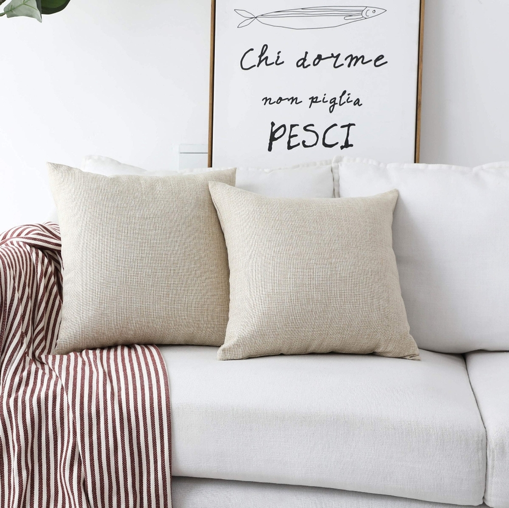 Set of 2 Burlap Decorative Pillow Covers 26x26, Beige Linen